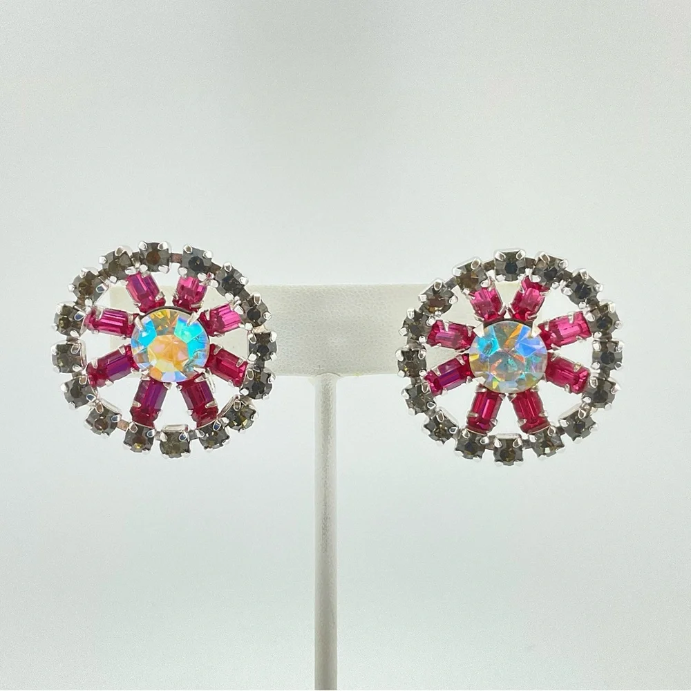 Coro Earrings, Signed, Pink AB & Gray Rhinestone Crystals, MCM, Super Sparkly